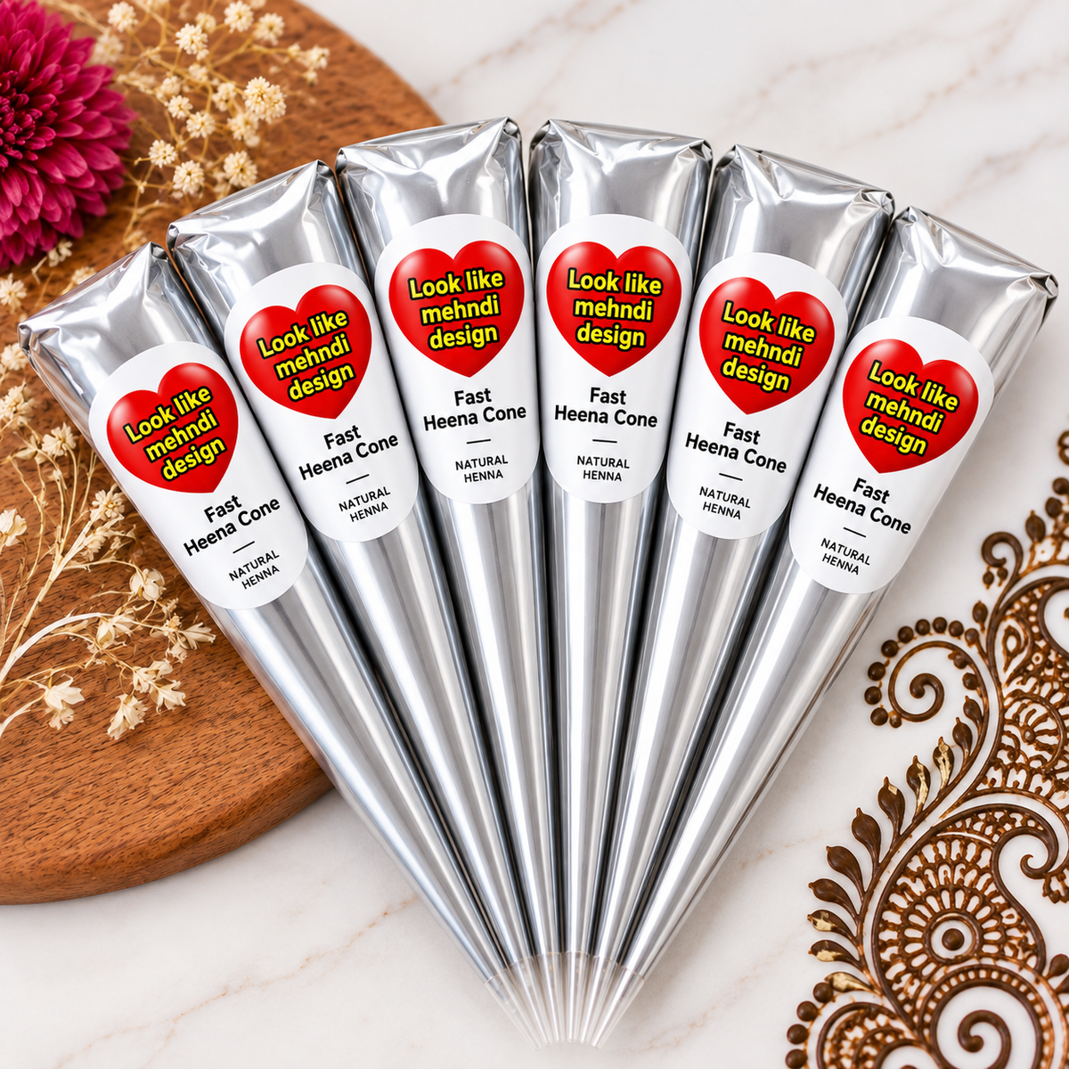 Look Like Mehndi Design Fast Heena Cones – Pack of 6 | Natural Henna Mehndi Cones for Hands & Body